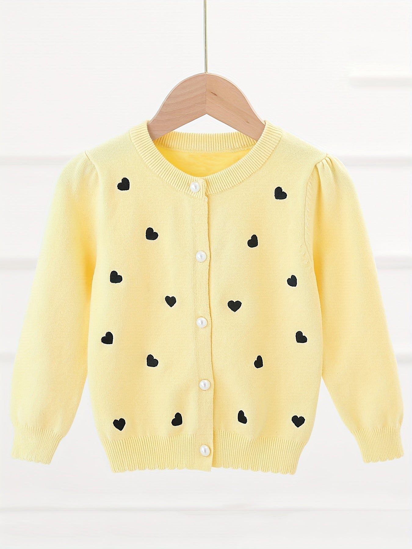 Girls' Pearl Button Down Knit Cardigan Sweater With Hearts Jacquard