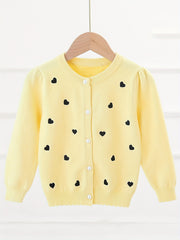 Girls' Pearl Button Down Knit Cardigan Sweater With Hearts Jacquard