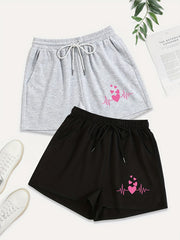 2 Pack Plus Size Heart Print Drawstring Shorts With Pockets