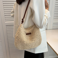 Women's Rattan Crossbody Bag Saddle Straw Woven Shoulder Handbag