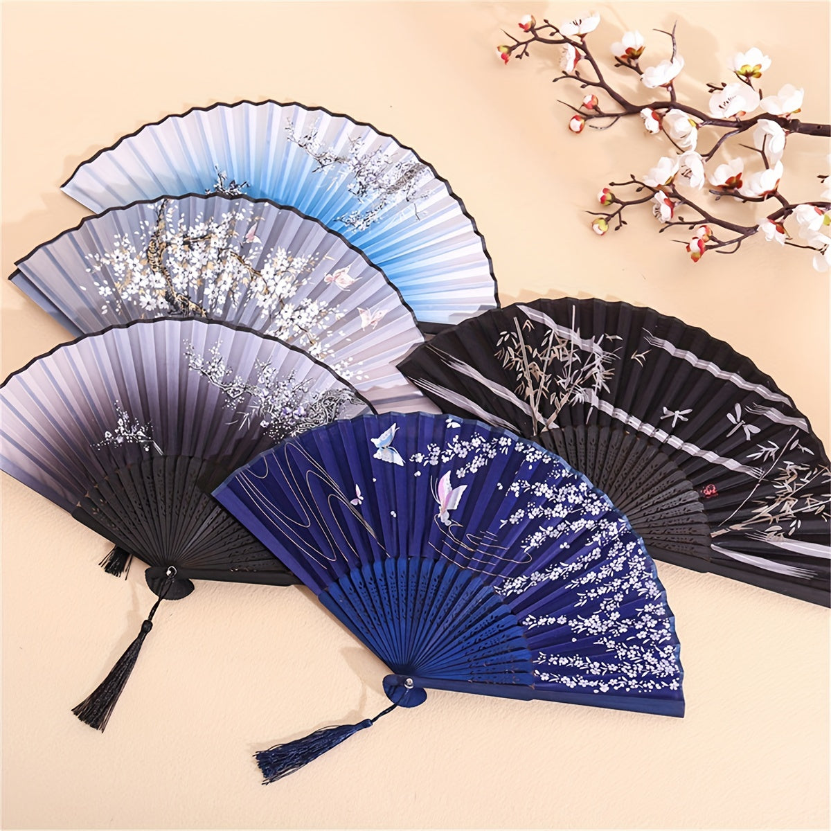Floral Handheld Fan Chinese Style Folding Fan Silky Bamboo Tassel