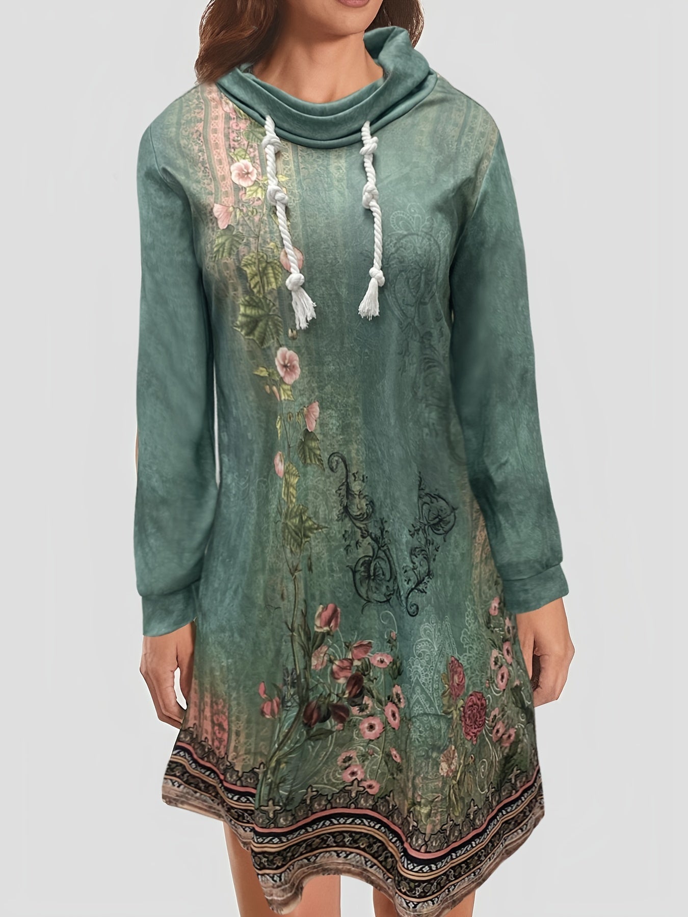  Floral Geometric Print Drawstring Hooded Maxi Dress