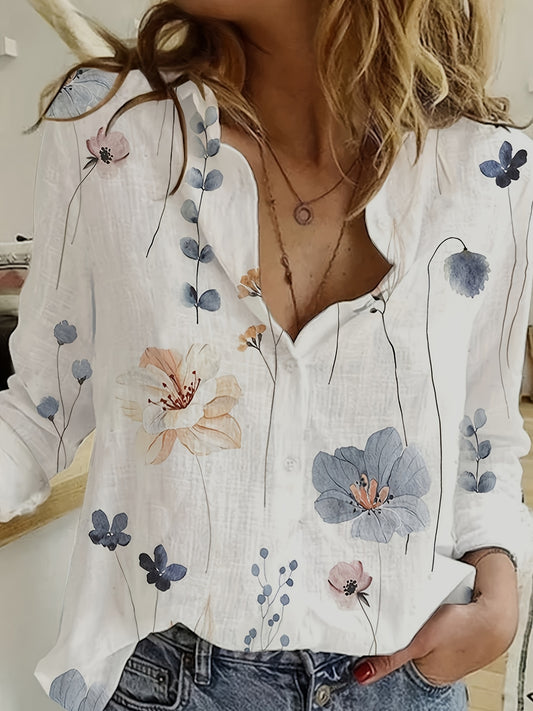 Plus Floral Print Button Up Long Sleeve Blouse