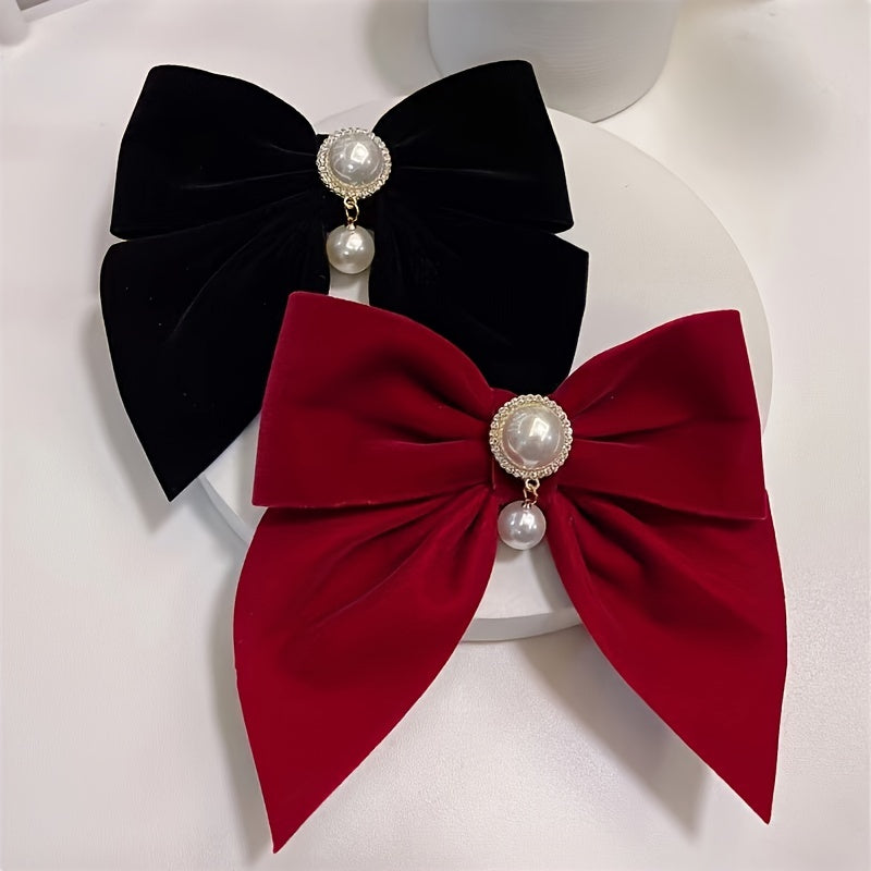 2pcs Vintage Big Hair Bow Clips Velvet Faux Pearl Hair Pins