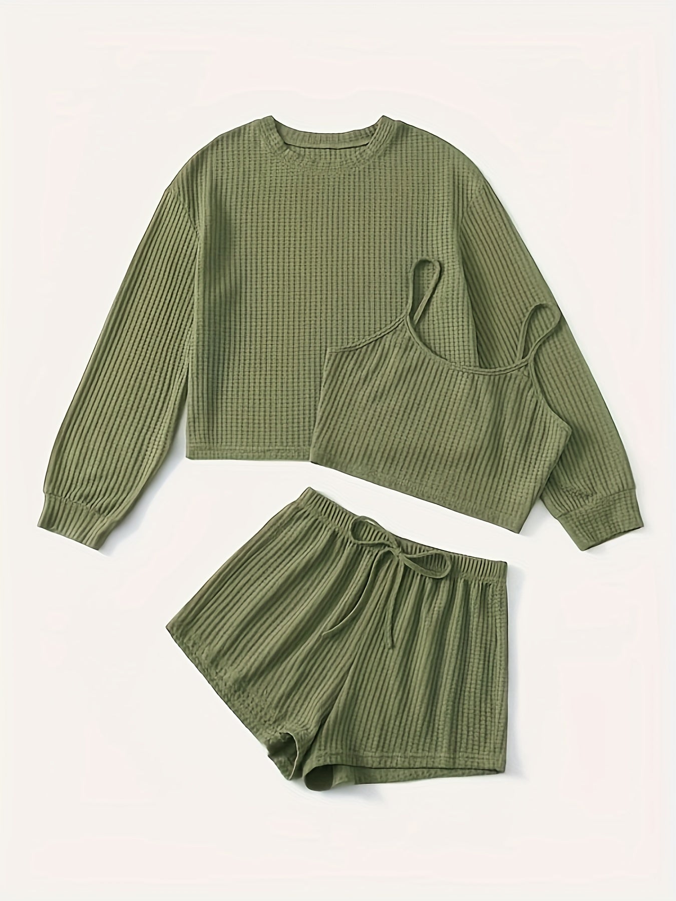 Solid Waffle 3pc Set Crew Neck Long Sleeve Tops & Sleeveless Cami Top