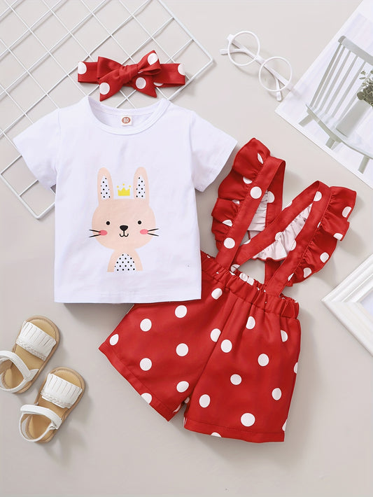 Baby Girl Rabbit Print Outfit Set - T-shirt, Polka Dot Shorts, Headband