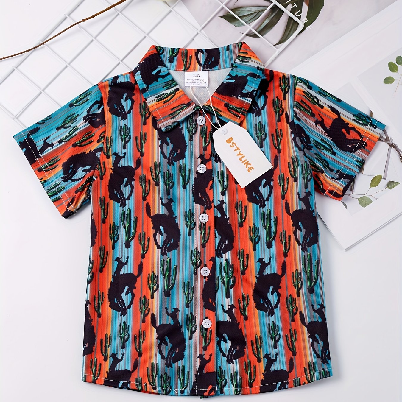 Boys Bull Cactus Striped Short Sleeve Button Down Shirt Casual Summer Clothes