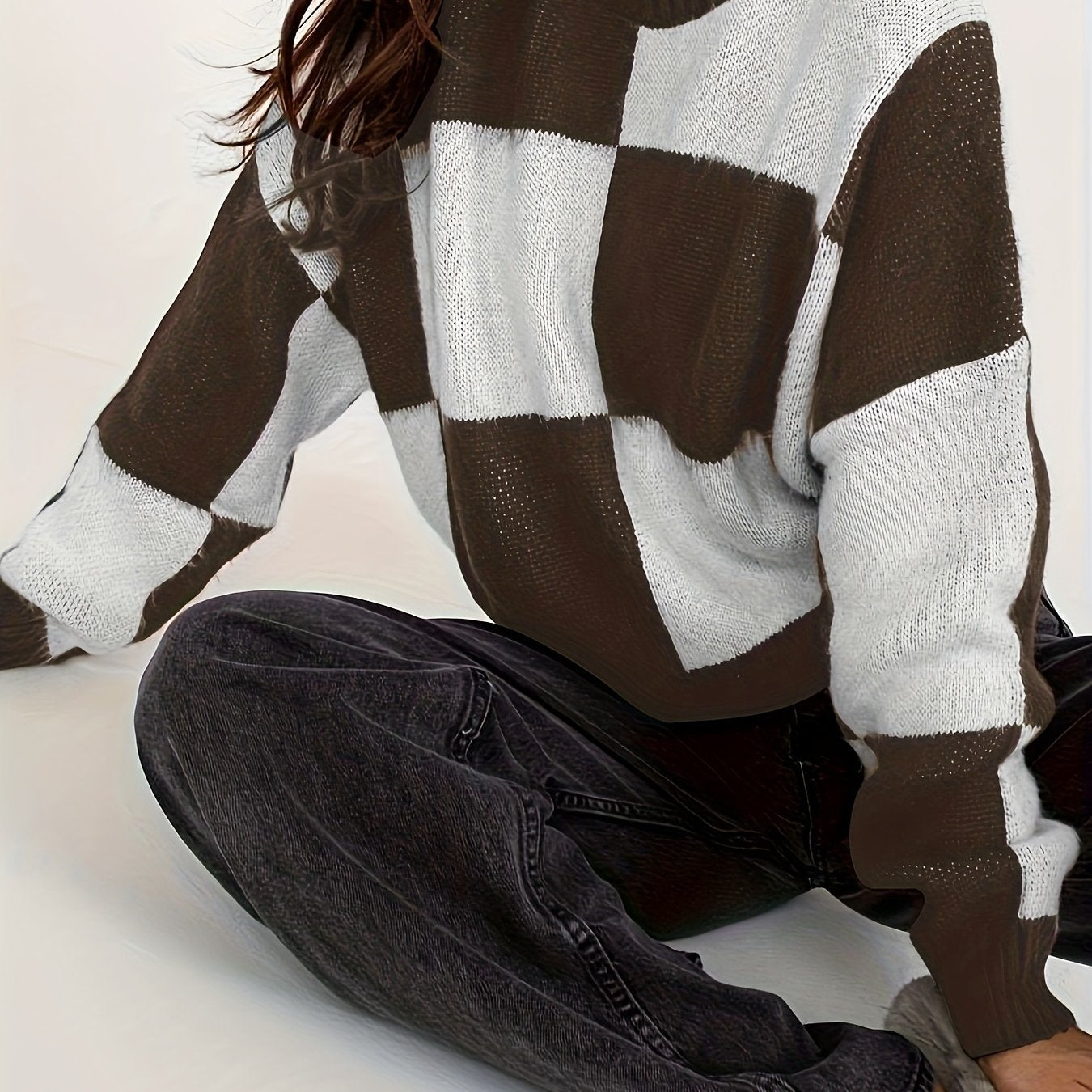  Casual Sweater Colorblock Grid Print Long Sleeve Round Neck Jumper