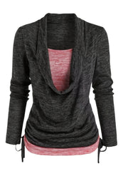  Colorblock Knit Top Cowl Neck Ruched Side 2 in 1 Top