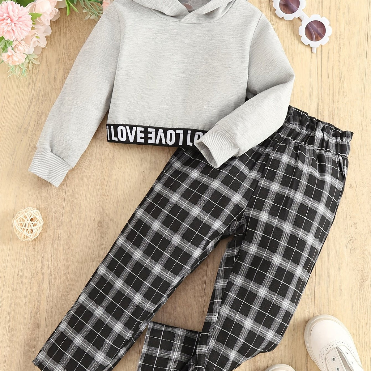 Girl's LOVE Hoodie & Plaid Pants Set for Spring Fall