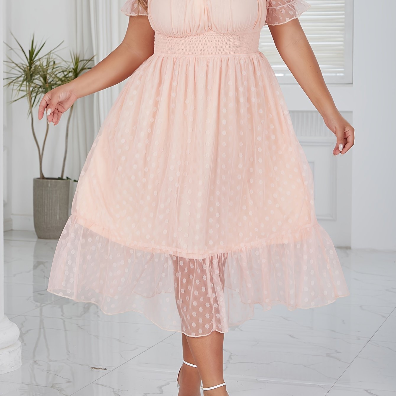  Polka Dot Mesh Overlay A-Line Dress
