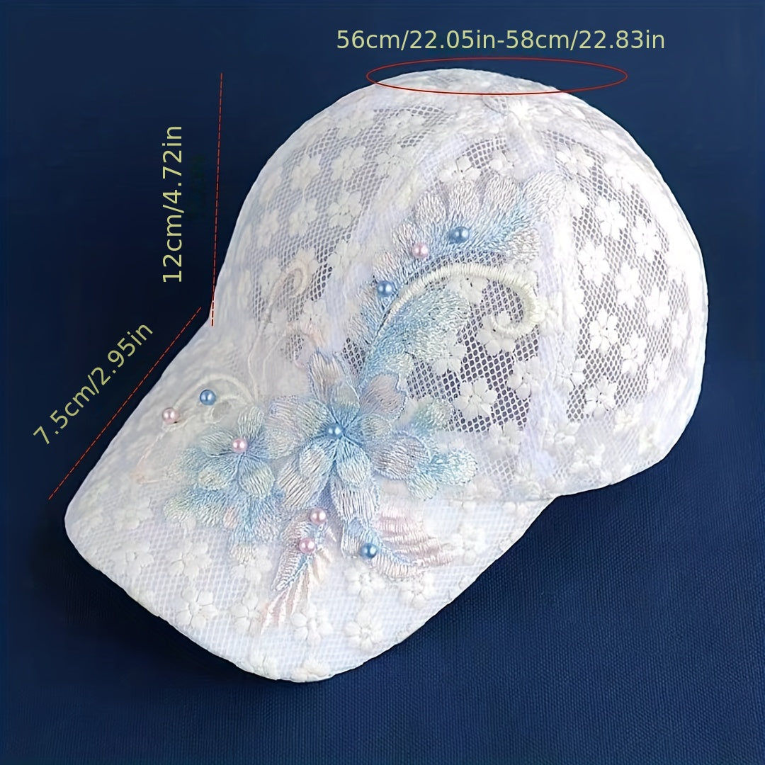 Flower Embroidery Mesh Trucker Hat Faux Pearl Decor Lace Baseball Cap