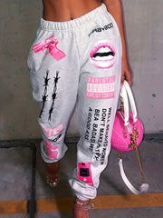  Letter Print High Rise Sweatpants Women's Plus Y2K Slight Stretch