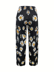 Women's Plus Sunflower Print Wide Leg Pants With Pockets