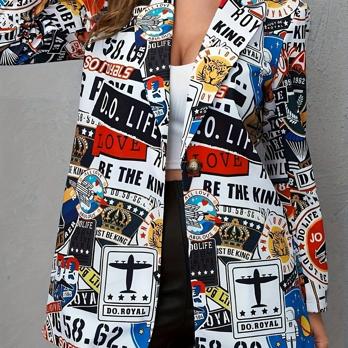  Boho Blazer Women's Plus Pop Art Print Button Up