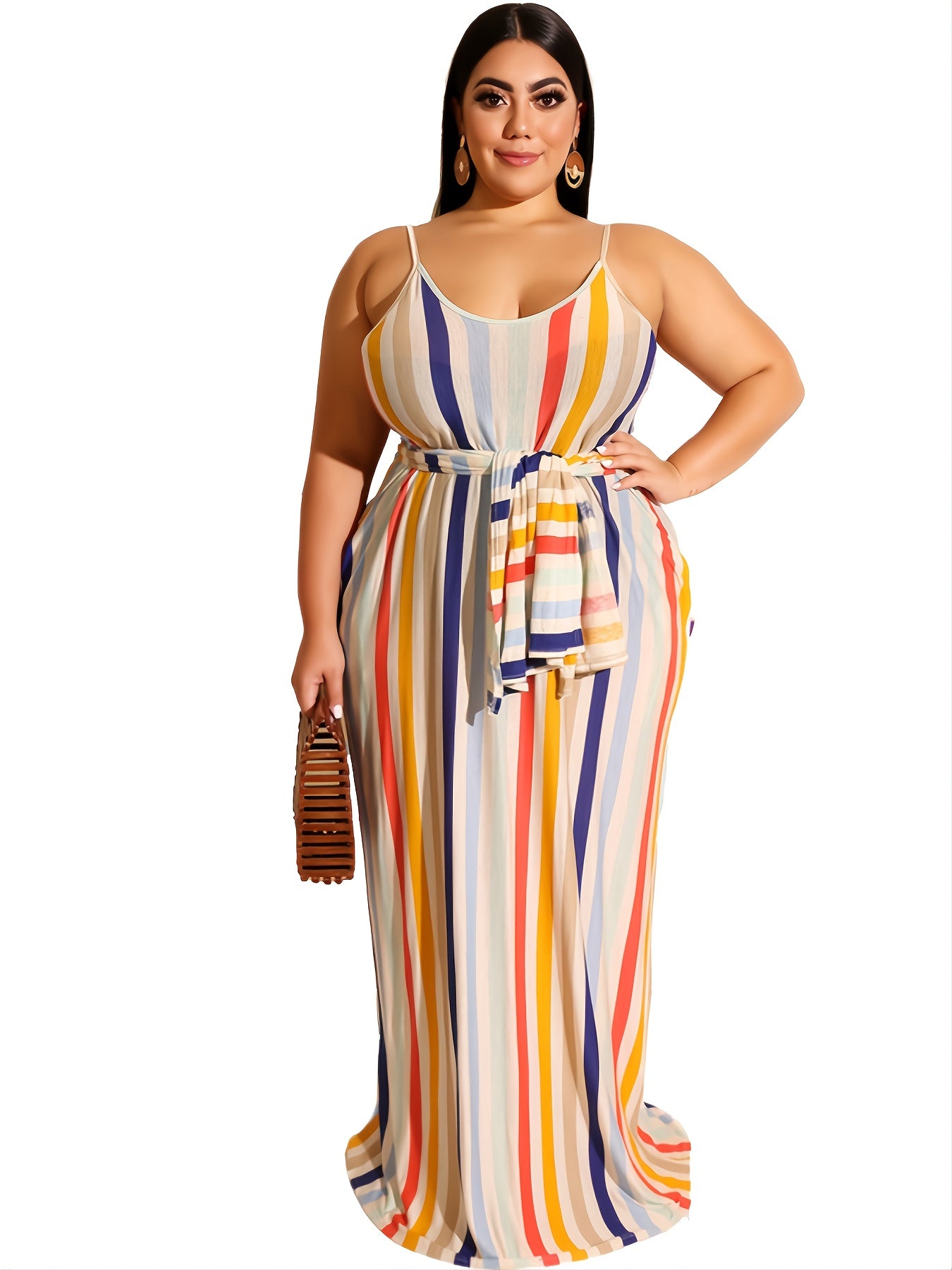 Colorful Striped Loose Fit Cami Dress With Belt Women's Plus Long Dress