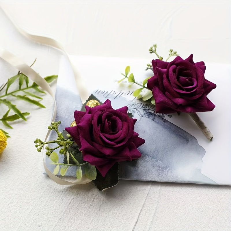 Red Rose & Greenery Bracelet Flower Polyester Romantic Wedding Accessory