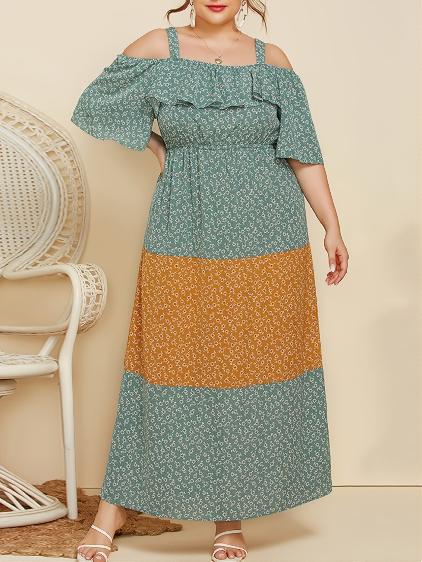 Plus Floral Cold Shoulder Maxi Dress Women's Plus Ruffle Trim Long Dr