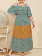Plus Floral Cold Shoulder Maxi Dress Women's Plus Ruffle Trim Long Dr