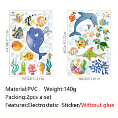 Ocean Fish Dolphin Stained Glass Privacy Film Non-Adhesive UV Blocking