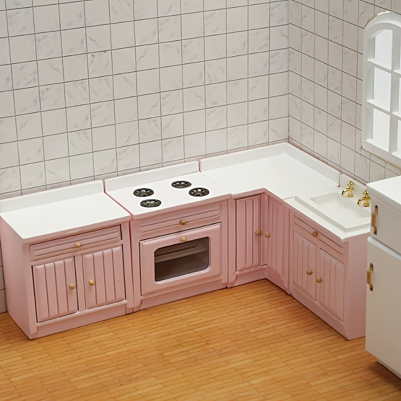 Mini 1:12 Scale Kitchen Set Wooden Cabinets Sink Countertop Cooking Station