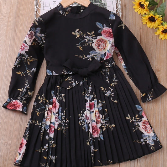 Floral Pleated Long Sleeve Dress