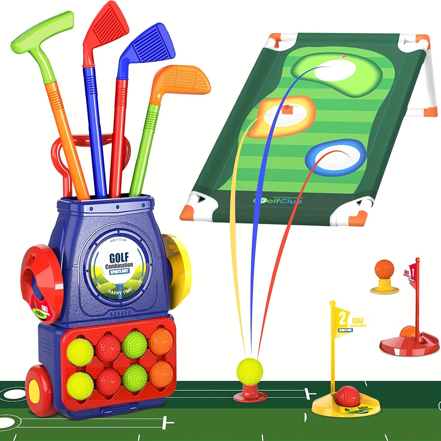 Kids Golf Set with Cart, Balls, Cornhole Board, Putting Mat