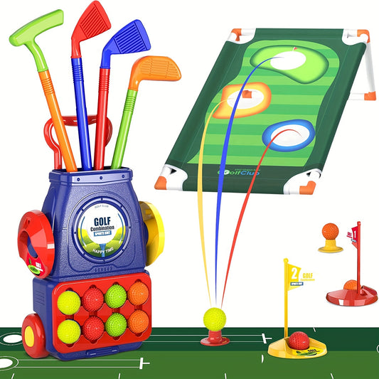 Kids Golf Set with Cart, Balls, Cornhole Board, Putting Mat