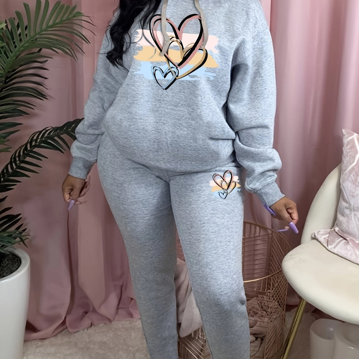 Women's Plus Heart & Brush Print Hoodie & Sweatpants Set