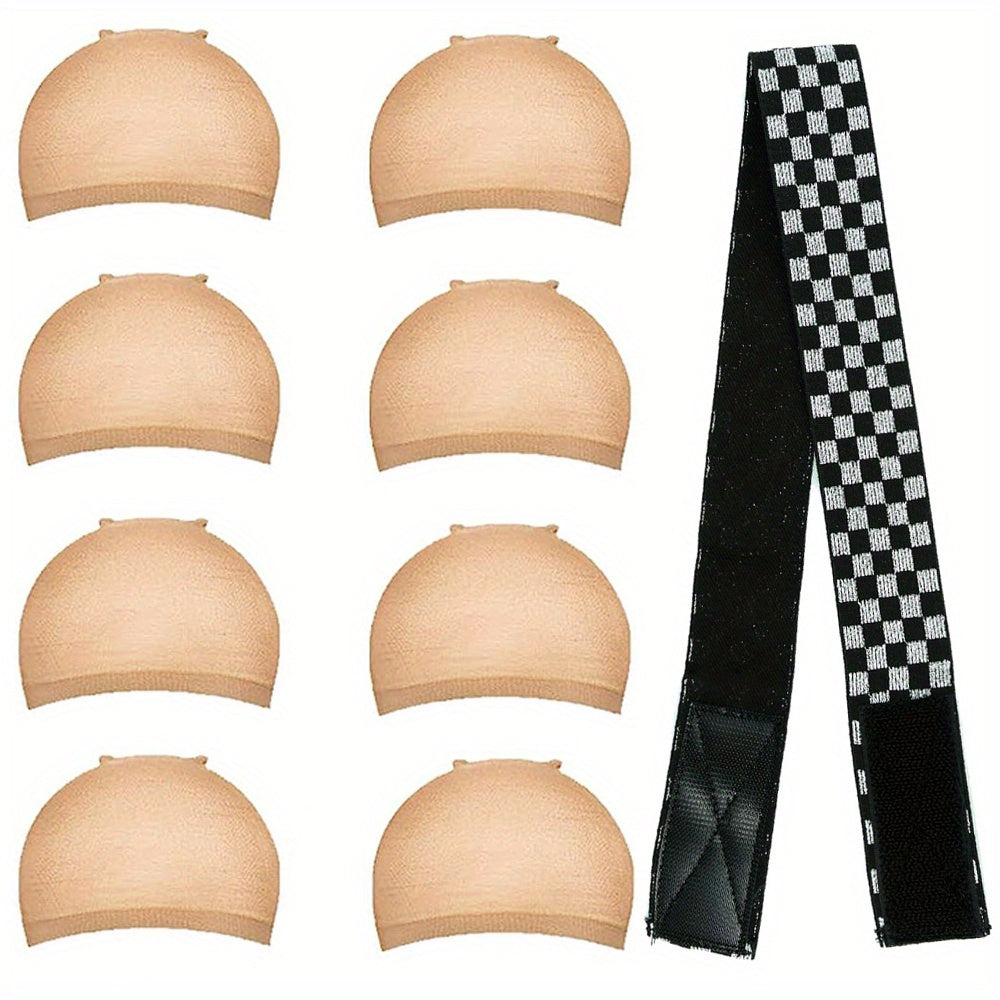 8PCS Stretchable Nylon Wig Caps & Elastic Bands Set for Women Nude Color