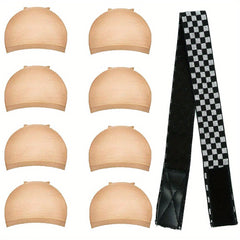 8PCS Stretchable Nylon Wig Caps & Elastic Bands Set for Women Nude Color