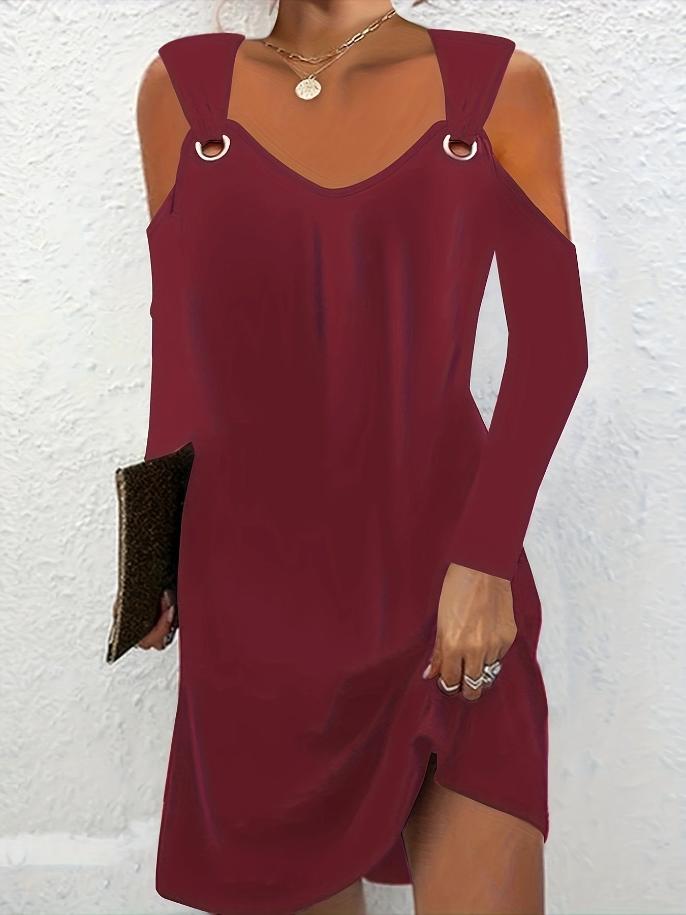 Casual Dress Women's Plus Solid Cold Shoulder Long Sleeve Mini Dress