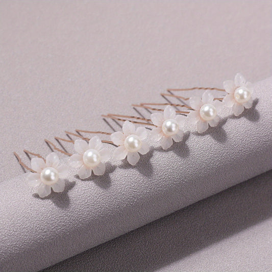 6pcs Faux Pearl Flower Hair Stick Bridal Hair Fork Wedding Hairpin