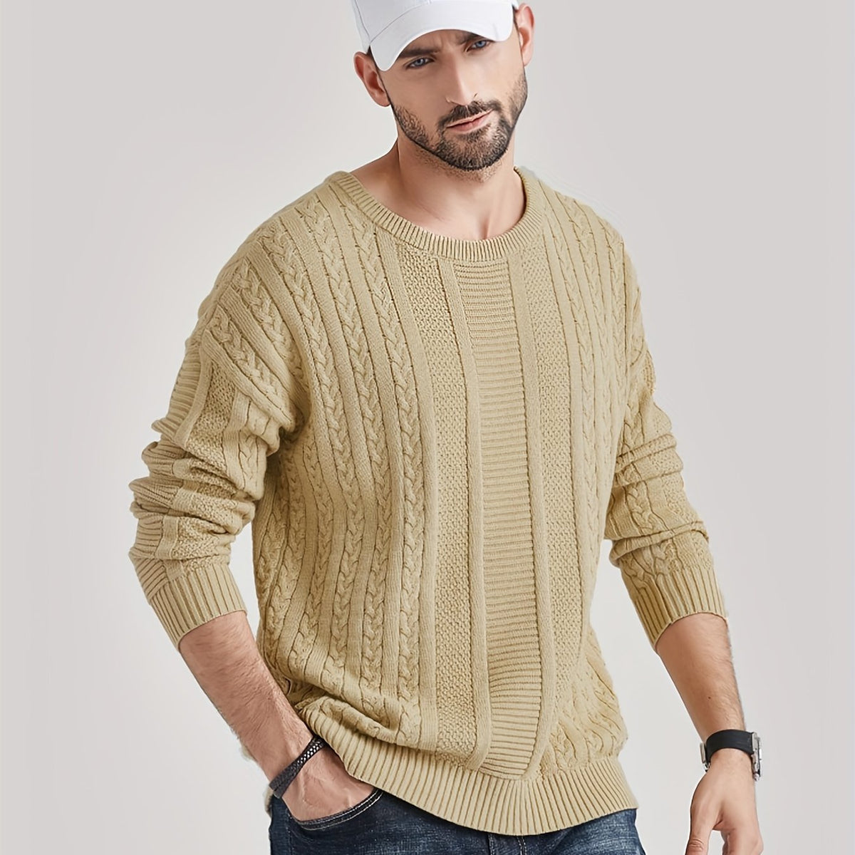 Knitted Cable Sweater Men's Casual Warm Crew Neck Pullover
