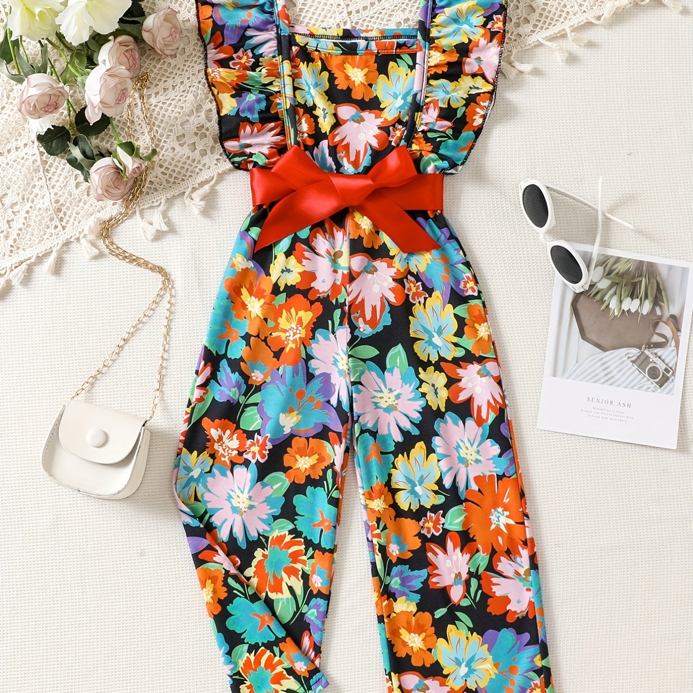 Girls Floral Print Ruffle Sleeve Rompers