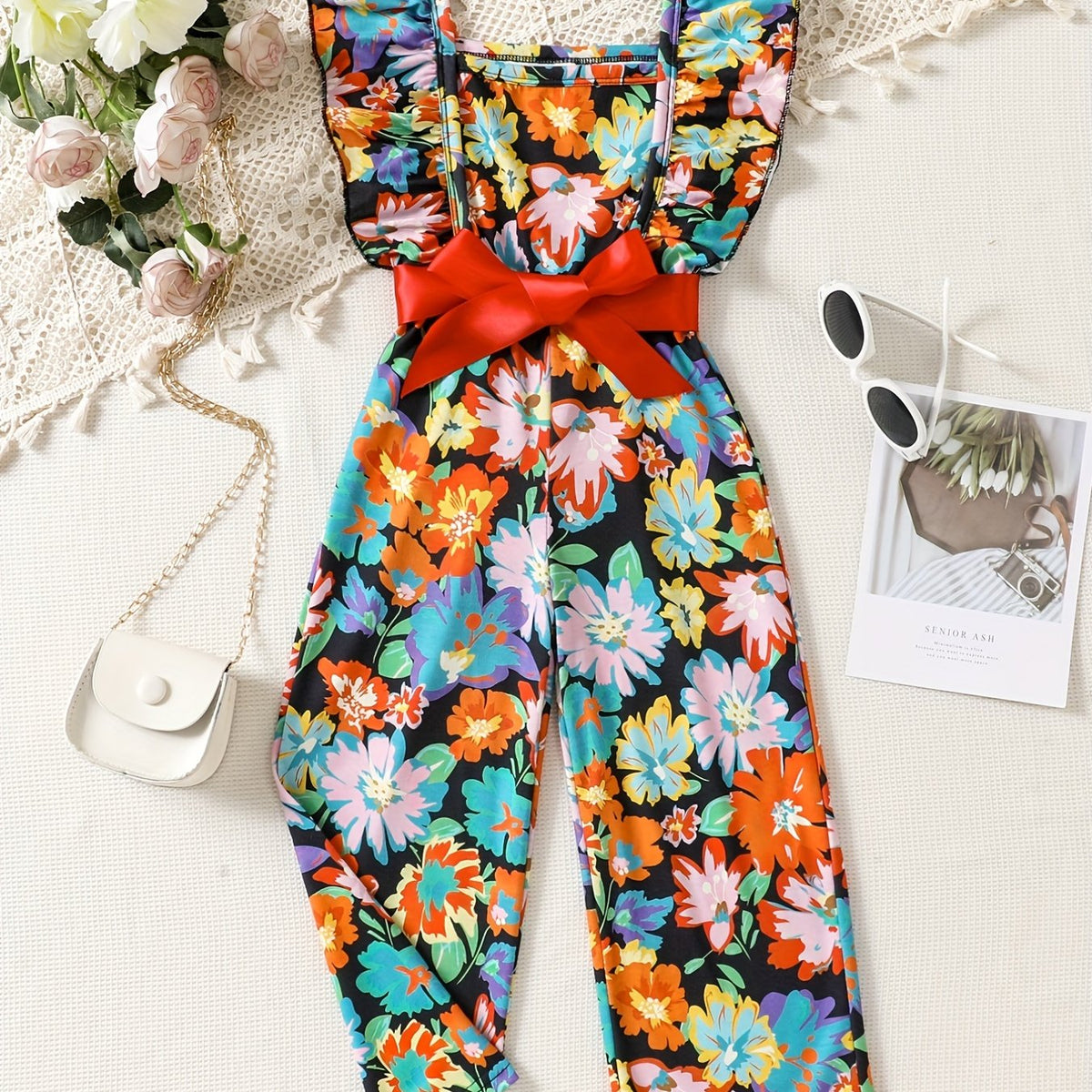 Girls Floral Print Ruffle Sleeve Rompers