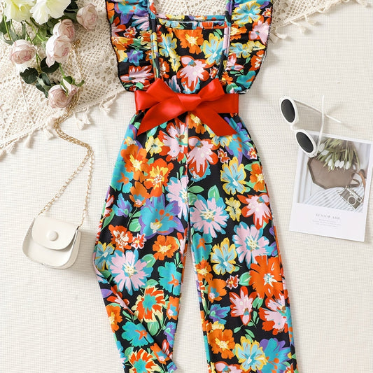 Girls Floral Print Ruffle Sleeve Rompers