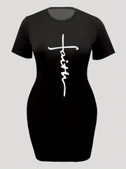  Casual Dress Women's Plus Letter Print Short Sleeve Tee Dress