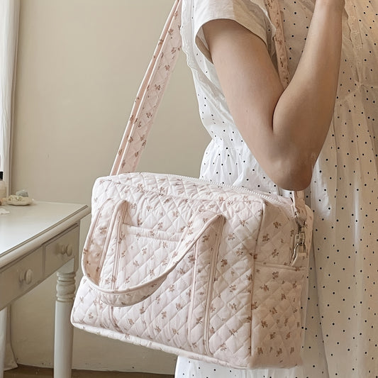 Floral Polyester Messenger Bag Diaper Tote with Insulated Bottle Storage