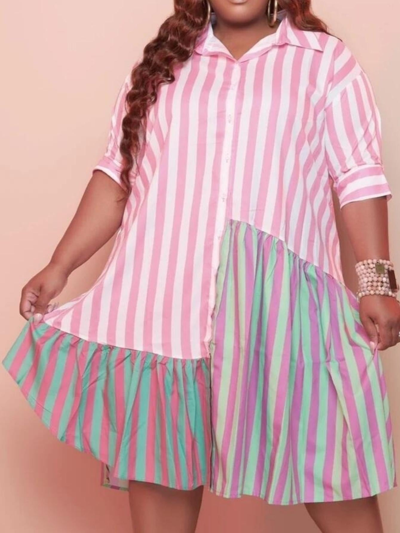  Colorblock Shirt Midi Dress