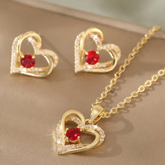 Copper Inlaid Red Zirconia Love Earrings & Pendant Set