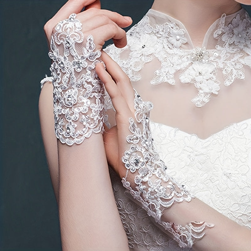 Rhinestone Fingerless Gloves Lace Wedding Bridal Gloves