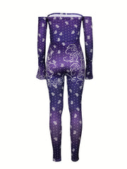 Graphic Print Off Shoulder Jumpsuit Slim Fit Casual Jumpsuit