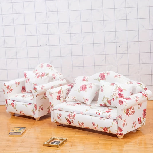 Pink Floral Sofa with Cushions for Dollhouse & Fairy Garden Decor