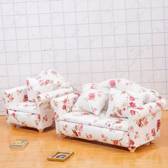 Pink Floral Sofa with Cushions for Dollhouse & Fairy Garden Decor