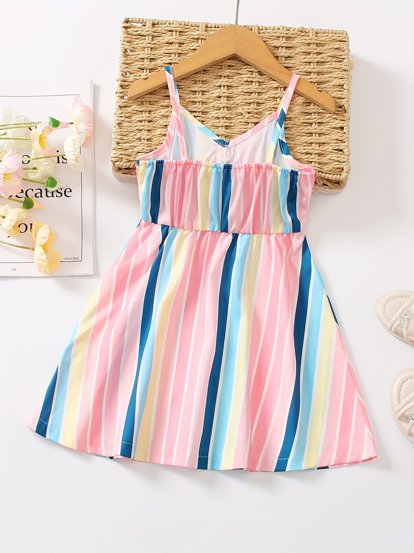 Toddler Girls Rainbow Striped Button Front Cami Dress