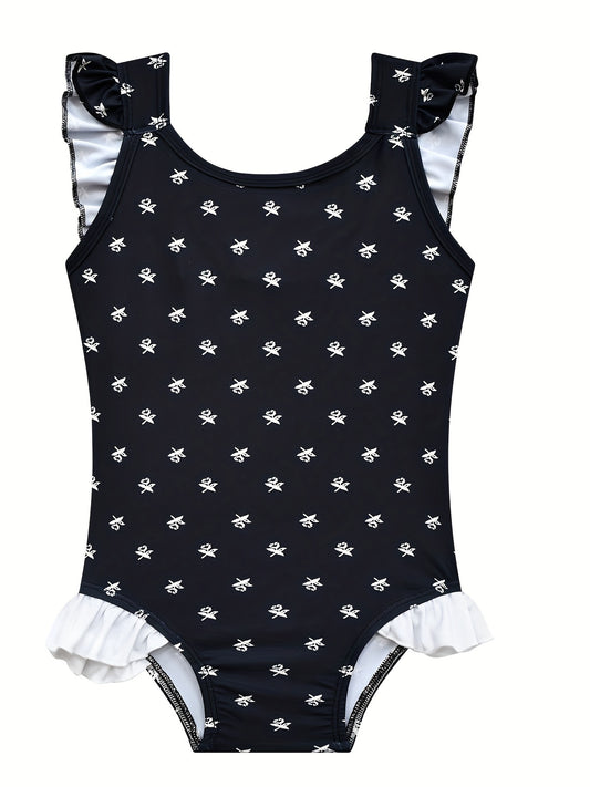 Girl's Ruffle Decor Onesie Swimsuit Floral Tankini Bathing Suit