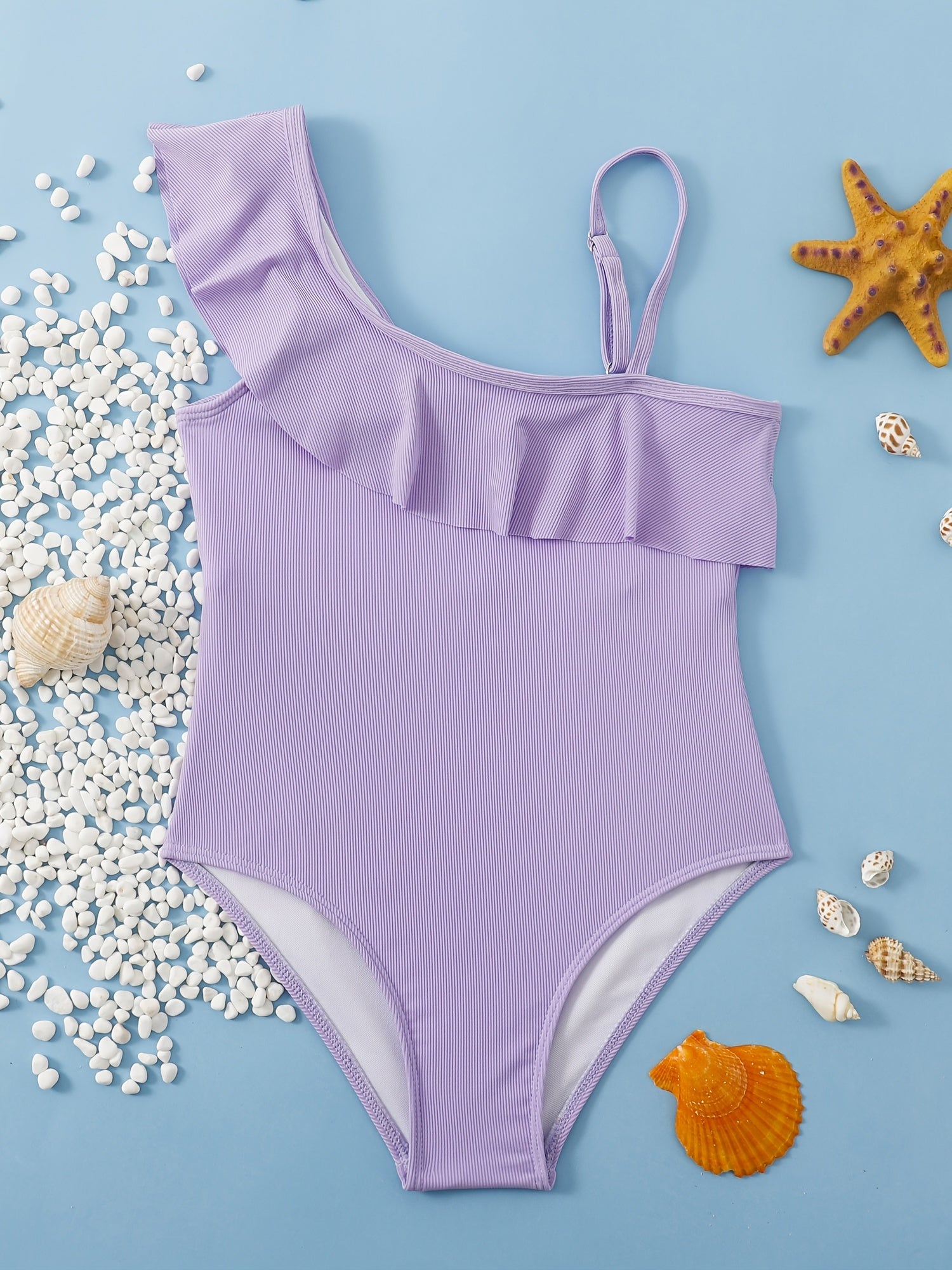 Toddler Girls One Piece Swimsuit Ruffle Trim Asymmetrical Neck