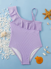 Toddler Girls One Piece Swimsuit Ruffle Trim Asymmetrical Neck