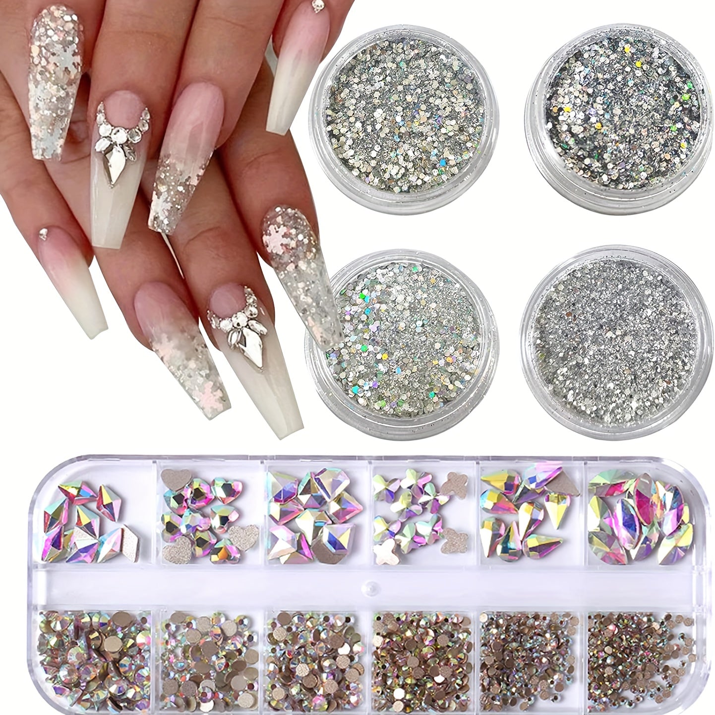 4 Boxes AB Crystal Nail Art Rhinestones Gemstones Pearls for Nails